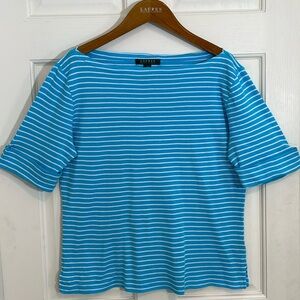 Lauren Ralph Lauren Blue White Striped Top Elbow Sleeves Boat Neck L